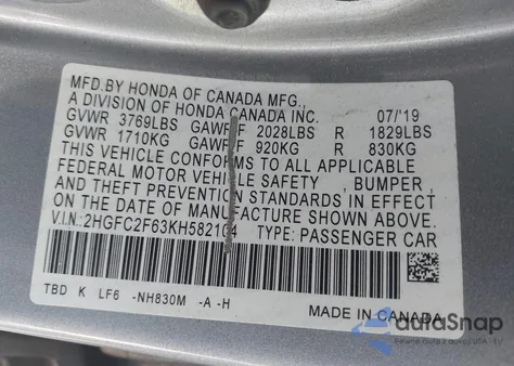 2019 Honda Civic Lx from USA, damaged, VIN 2HGFC2F63KH582104